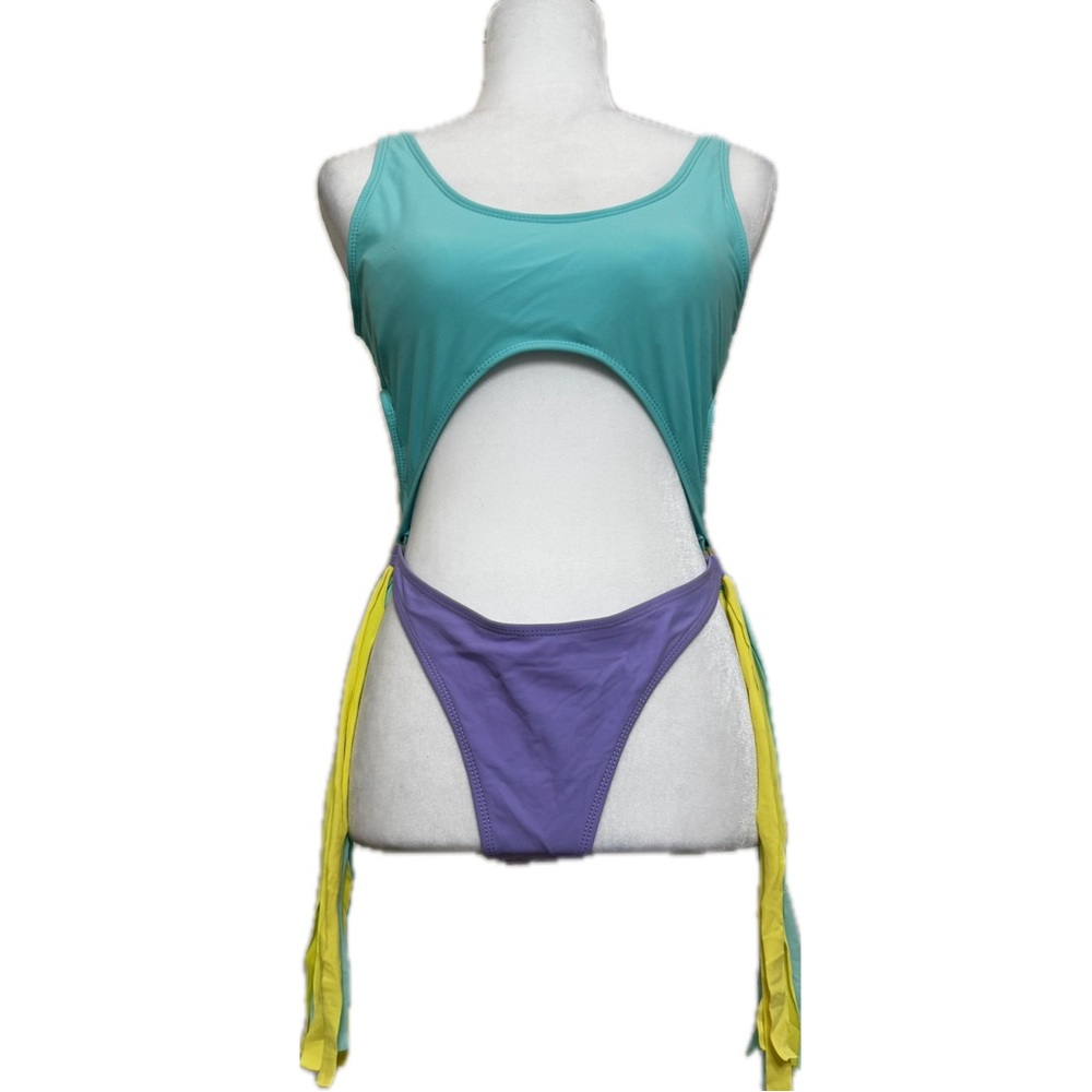 Teal, Purple and Yellow Monokini One Piece Colorful Fringe Swimwear